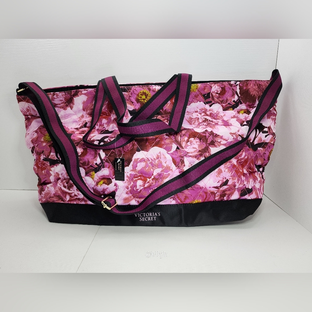 Victoria's Secret Black And Pink Floral Satin Tote  NWT